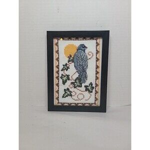 Vintage Hand Stitched Bird Cross Stitch Framed Wood Art Cottagecore 8"x6"